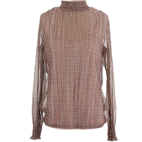 NWT ADRIANNA PAPELL Long Sleeve Plaid Shimmer Cami Lined Sheer Blouse Size Small - Picture 2 of 6